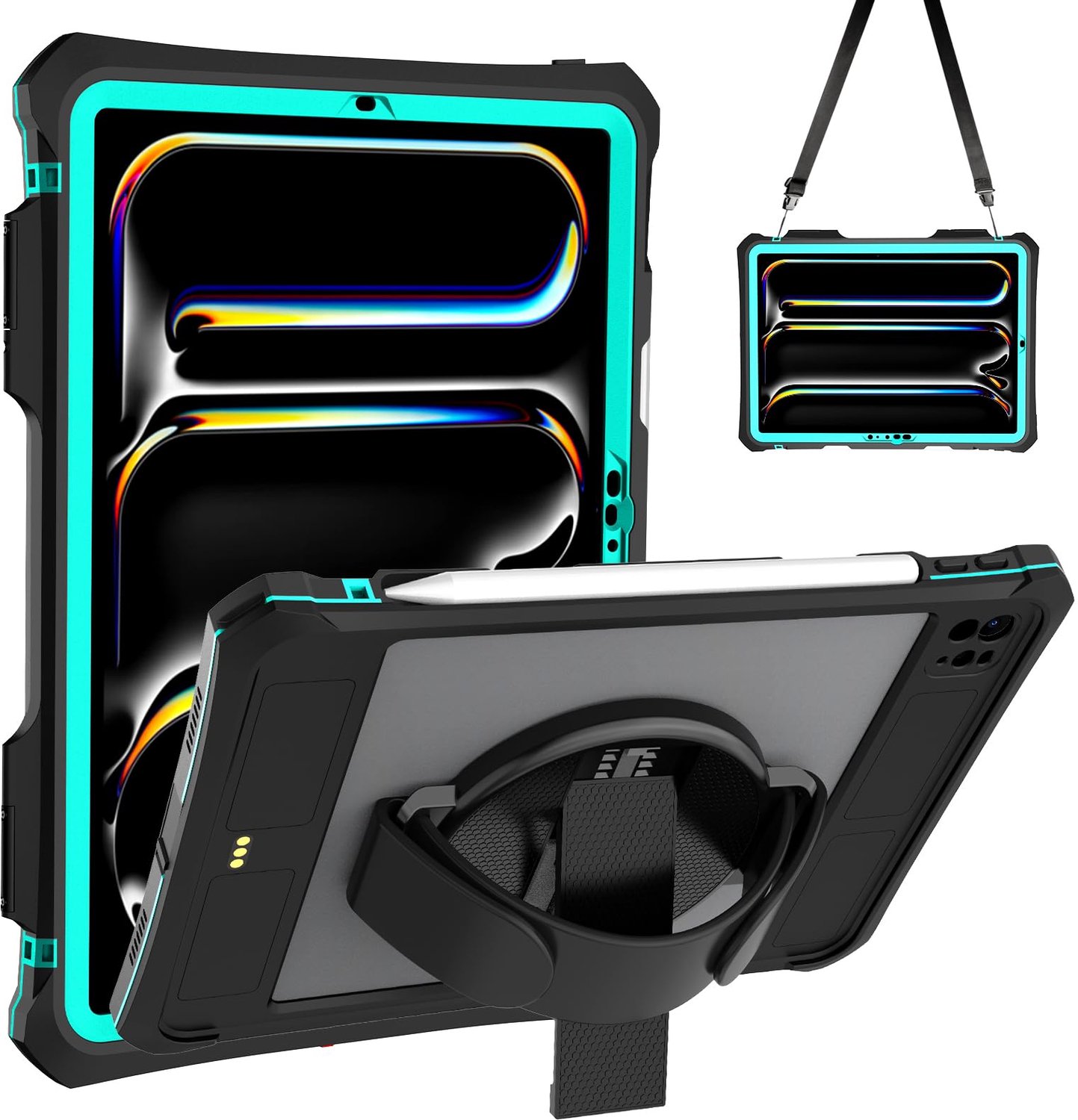Robuuste iPad Air 11 Case 2024 met Rotating Stand en Schouderband - Teal Blauw