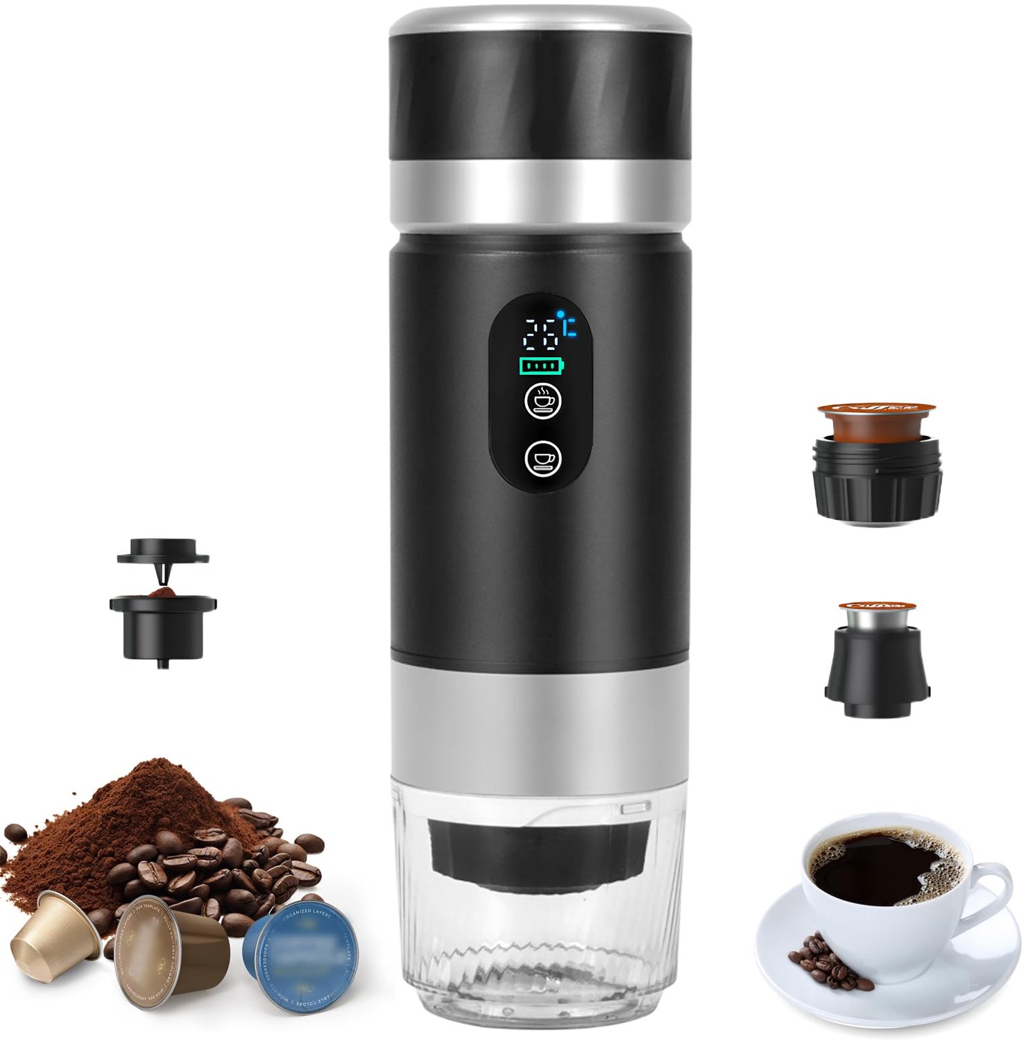 Draagbare Espressomachine 3-in-1 met Temperatuurdisplay - 80ml - Zwart