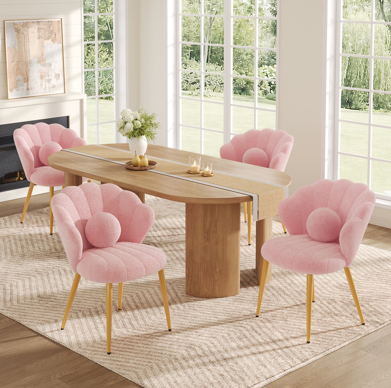 HAUSS SPOLE Eetkamerstoelen - Set van 4 - Schelpvormige Kuipstoelen met Sierkussens - Voor Eetkamer en Slaapkamer - Teddy Stof - Roze