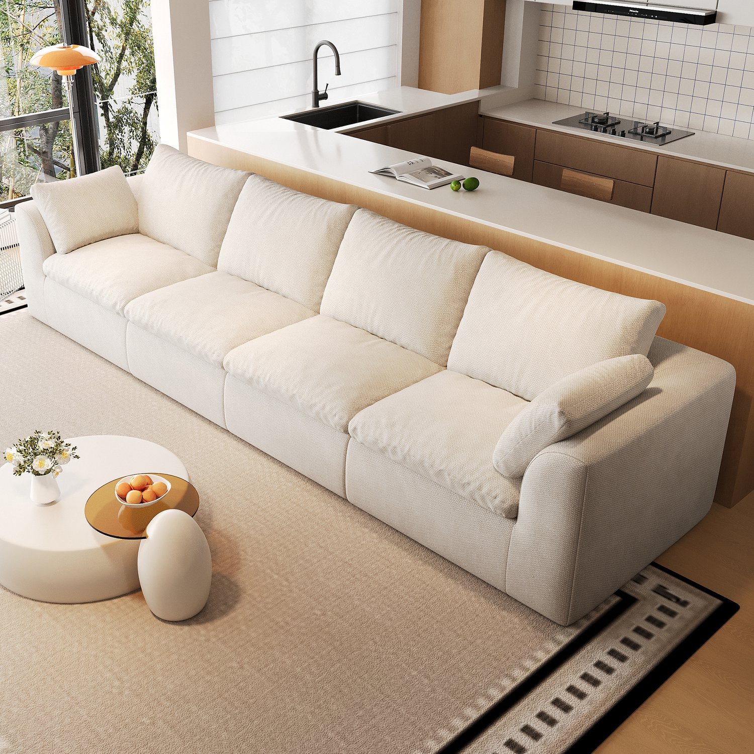 Wishdor 4-zitsbank - Rechte zitbank met zachte zitting - Hoog-elastische schuimvulling - Linnen bekleding - Beige en wit - Voor de woonkamer - Compressieverpakt - 310 x 90 x 83 cm Beigewit