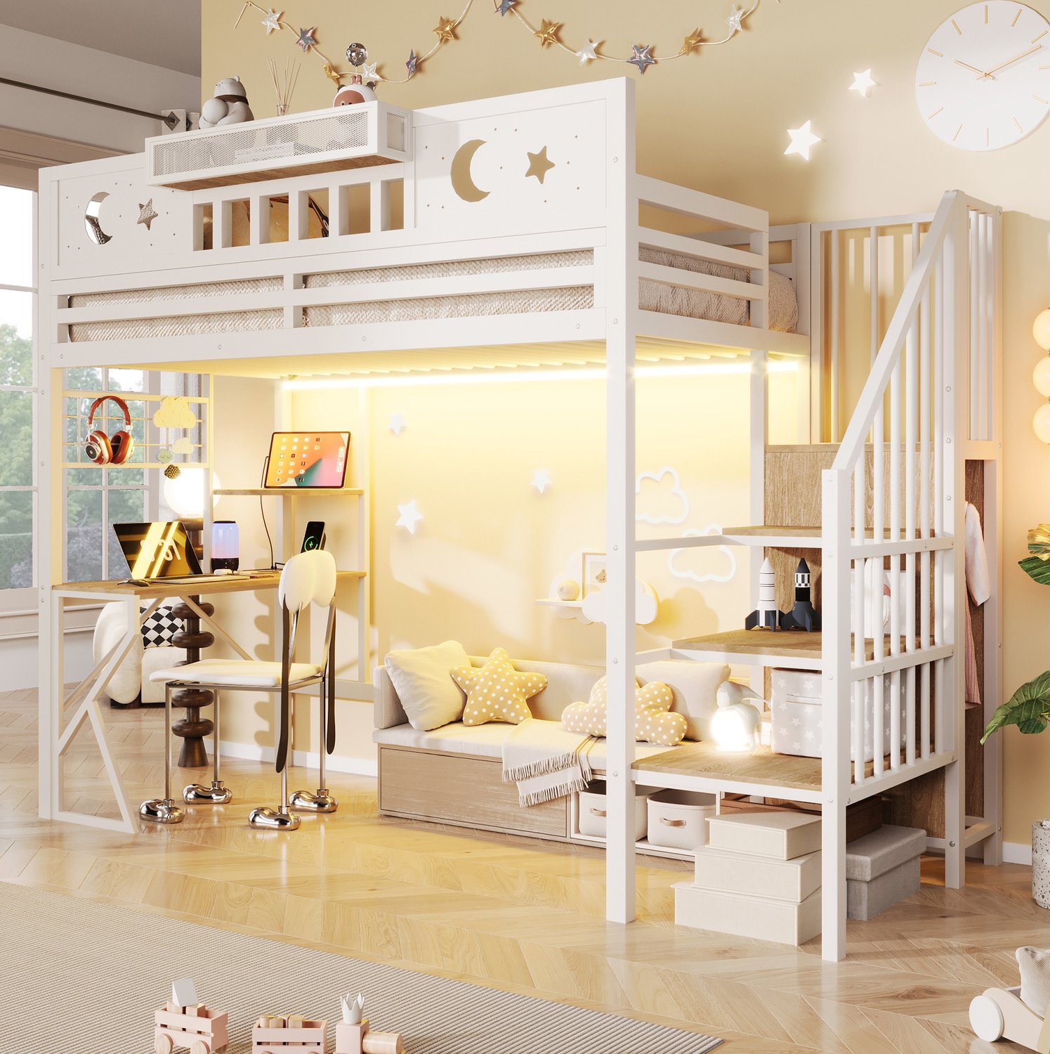 HAUSS SPOLE Hoogslaper 90x200 cm - Kinderbed met Bureau en Opbergtrap - Met Verlichting en Uitvalbeveiliging - Zonder Matras - Metaal en MDF - Wit
