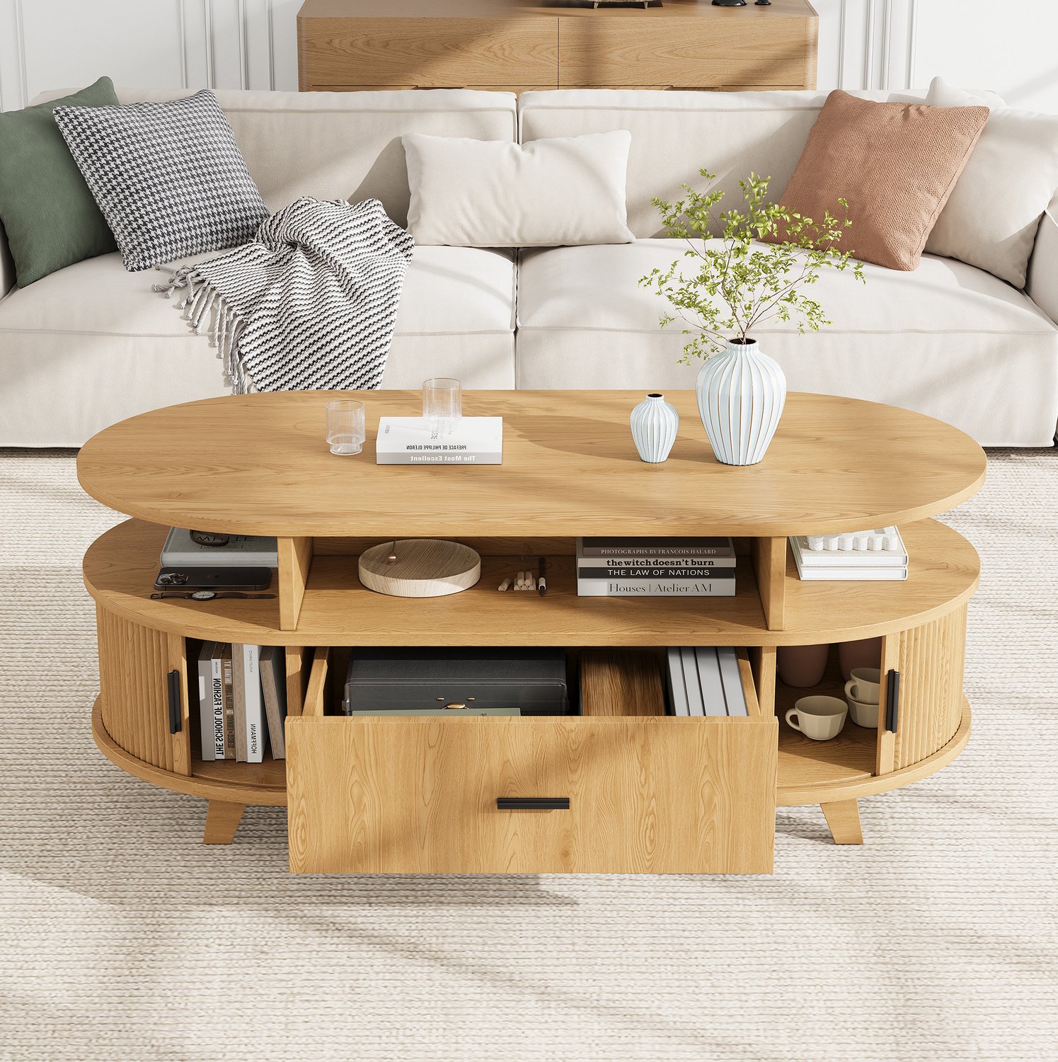 HAUSS SPOLE Salontafel - Ovaal Met Lade En Twee Roldeuren - Opbergruimte Voor De Woonkamer - MDF En Spaanplaat - 100x50x40 Cm - Naturel Natuurlijke houtkleur