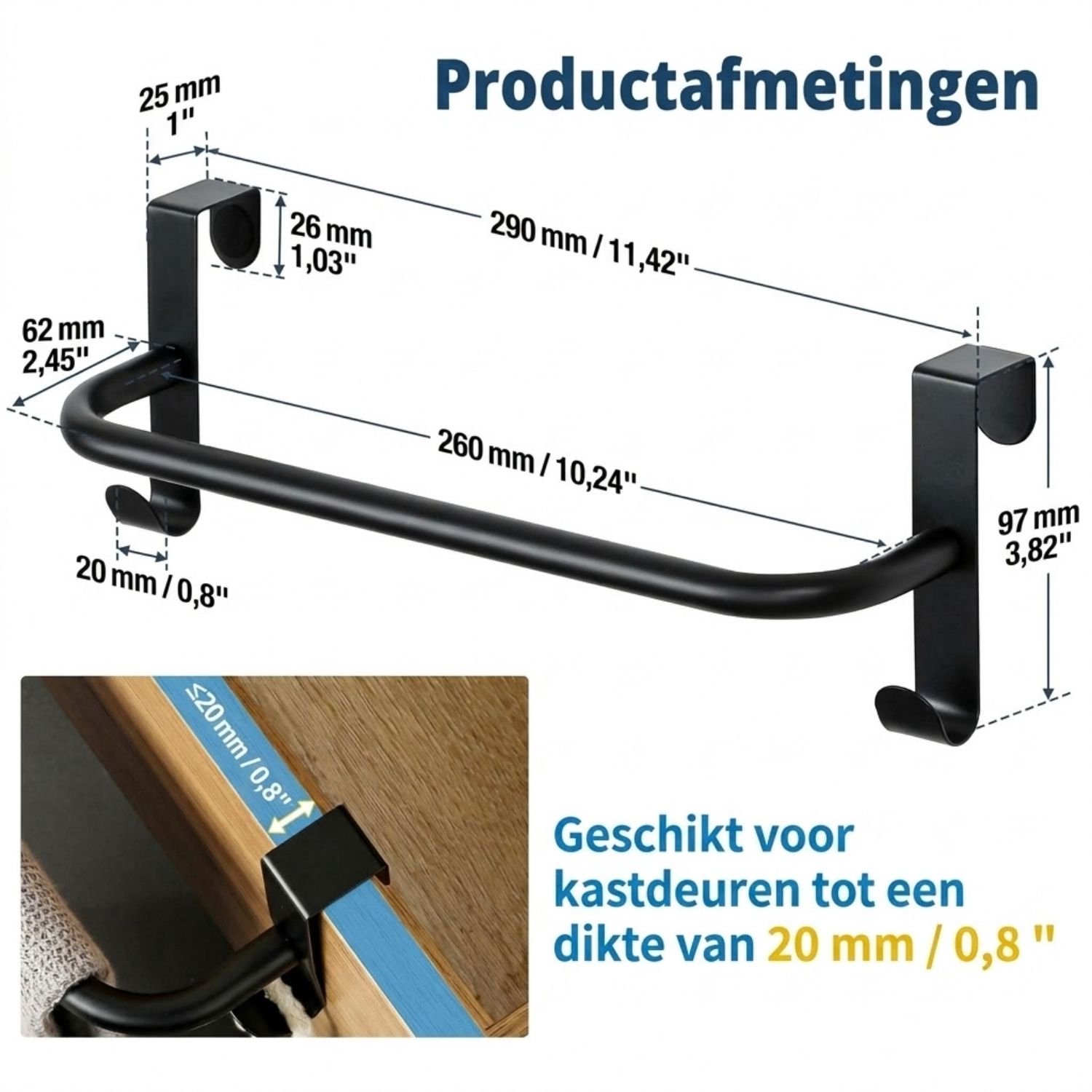 Handdoekrek Badkamer - Handdoekhouder Hangend - Handdoekstang - 29cm - Matte Zwart