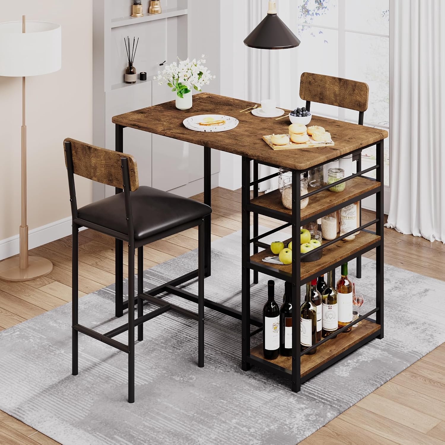 Industriële Bartafel met 2 Gestoffeerde Barkrukken en 3 Opbergvakken, Compacte Eettafelset voor 2 Personen, Vintage Bruin, Metalen Frame, MDF Tafelblad, Ruimtebesparend Keukenmeubel 92 x 50 x 92 cm
