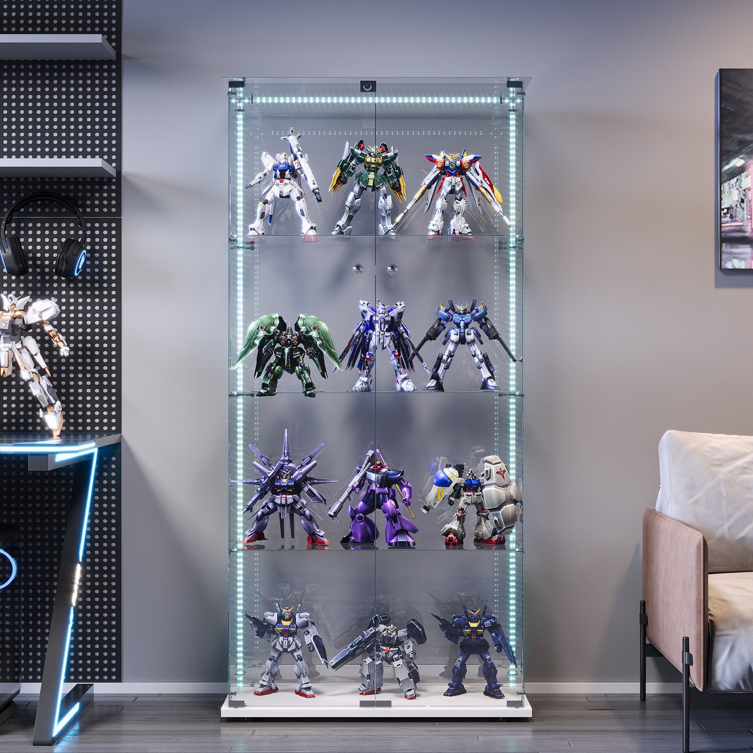 ROSAHQNDA Vitrinekast 80,6x36,5x163 cm, dubbele deuren en 4 opbergniveaus, displaykast met LED-verlichting, boekenkast en opbergkast voor woonkamer, wit