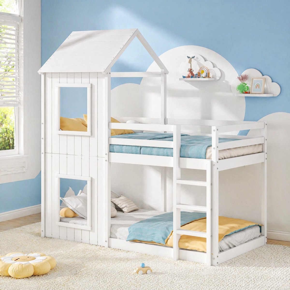 WUVRIE Kinderstapelbed 90x200 cm in huisvorm met ladder en veiligheidshek, wit