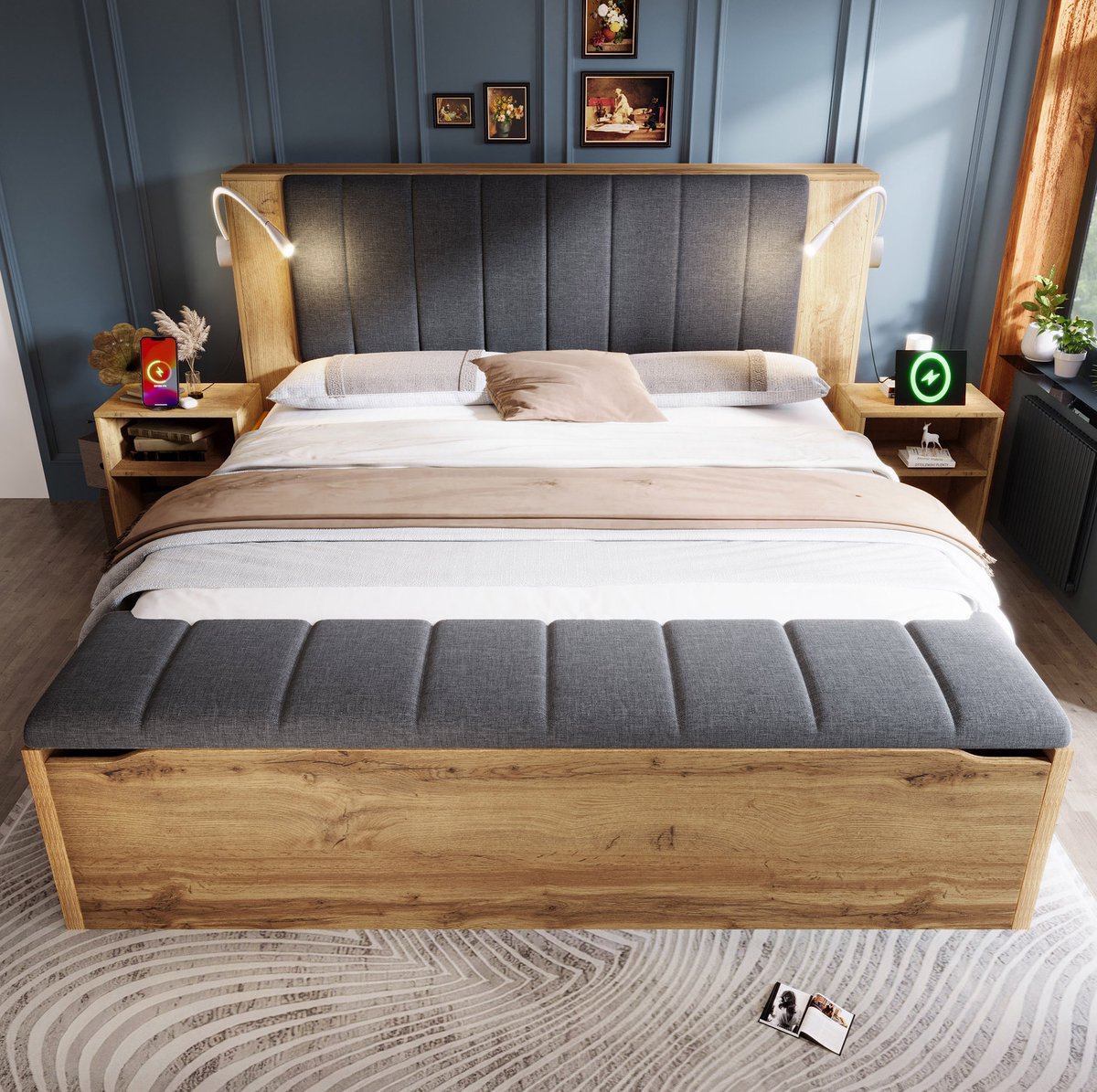 WUVRIE Tweepersoonsbed 160 x 200 cm met lattenbodem, nachtkastjes, opbergbank, leeslampen en USB, eiken