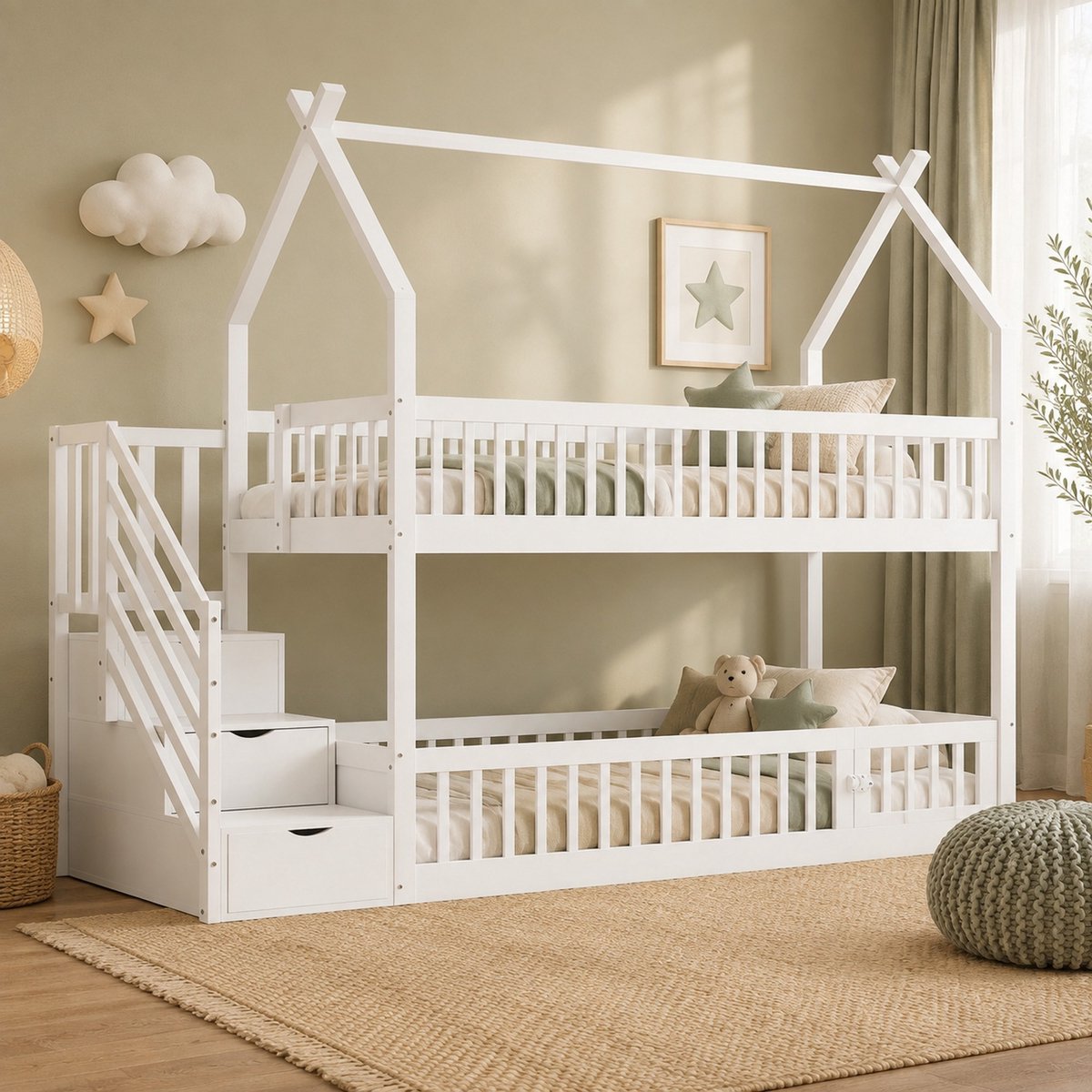 WUVRIE Kinderstapelbed 90x200 cm met huisdak, trap met opberglades en hekwerk, wit