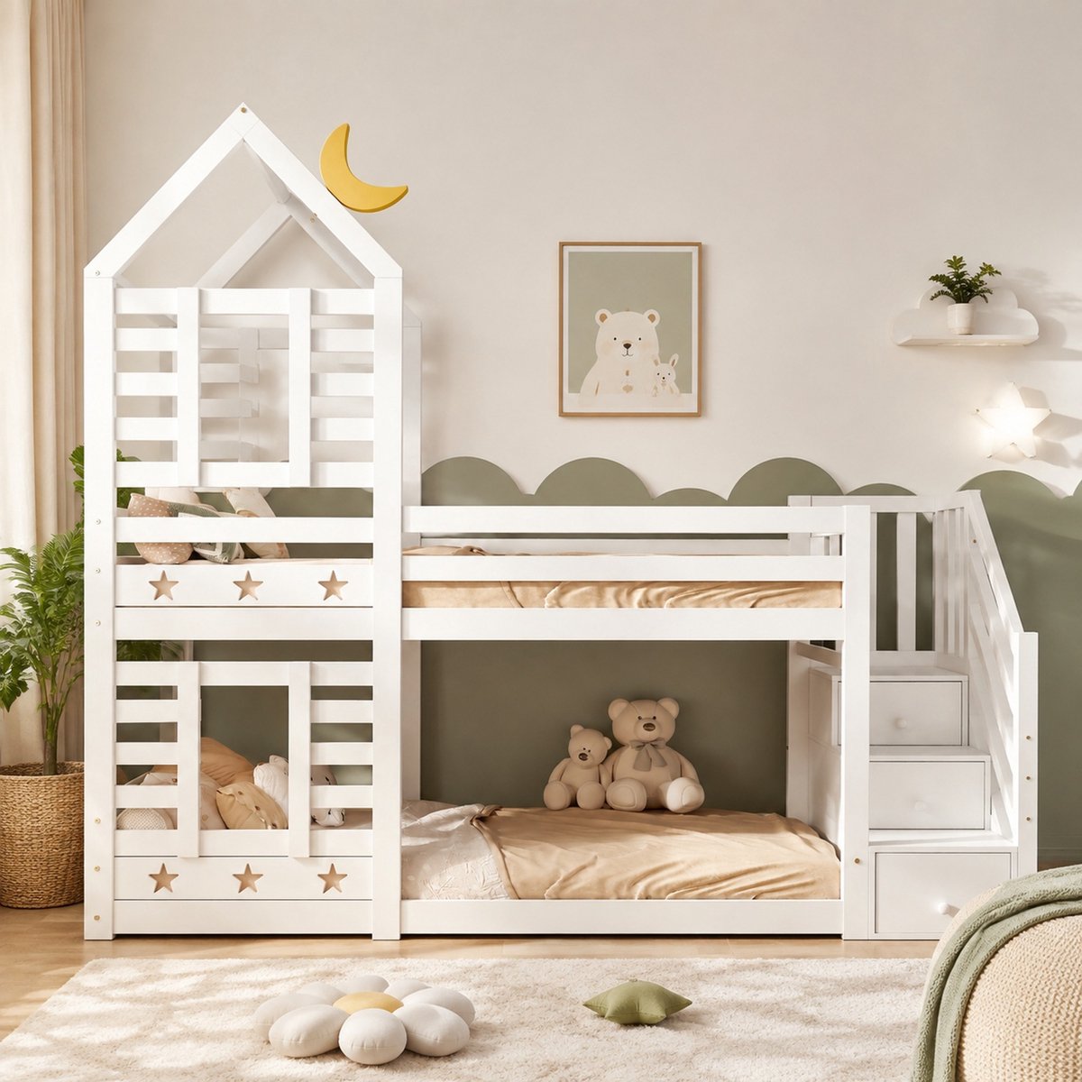 WUVRIE Boomhut-stapelbed 90x200 cm met 2 lattenbodems, opbergtrap, lades en uitvalbeveiliging, wit