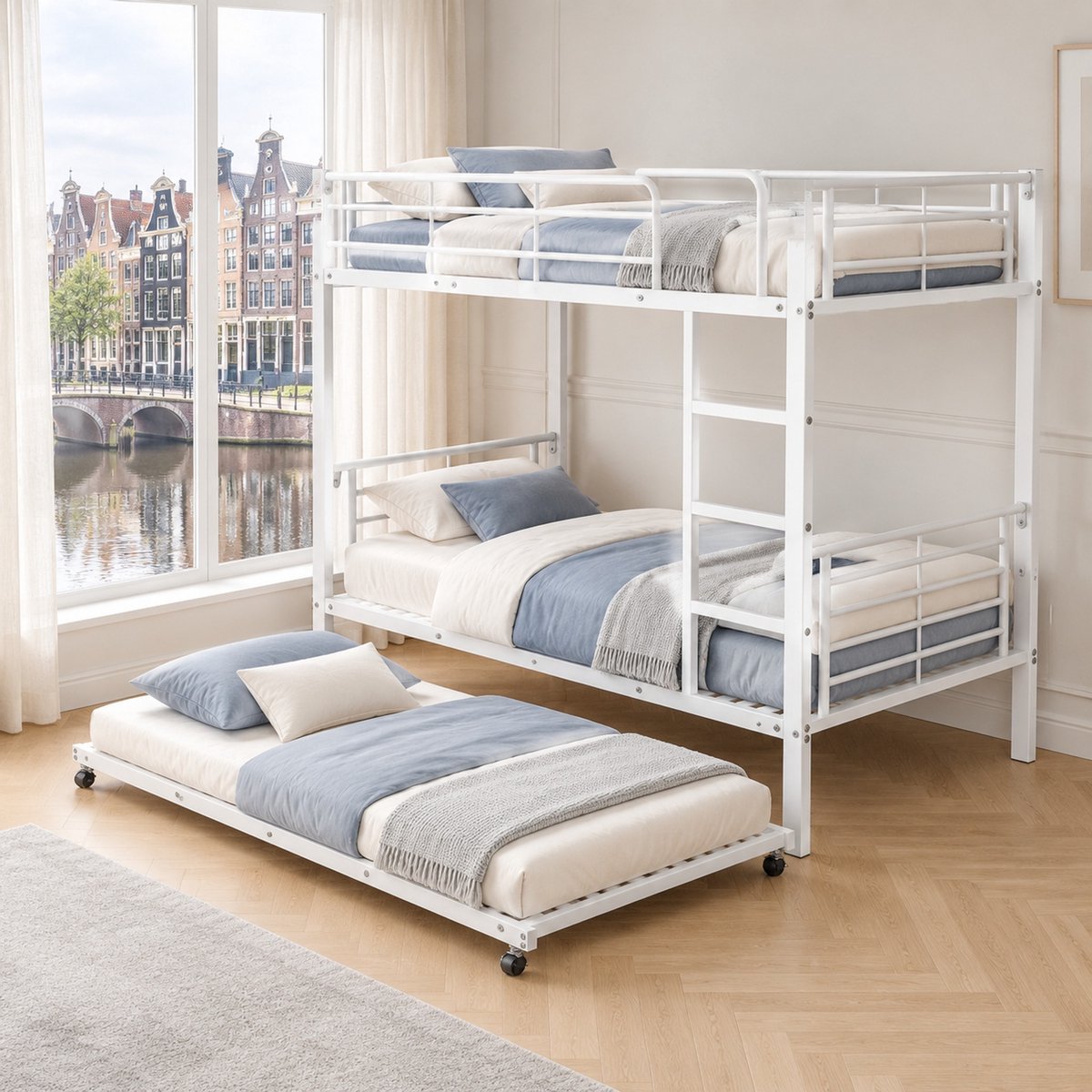 WUVRIE Metalen stapelbed 90x200 cm met uitschuifbed 90x190 cm, ladder en uitvalbeveiliging, wit