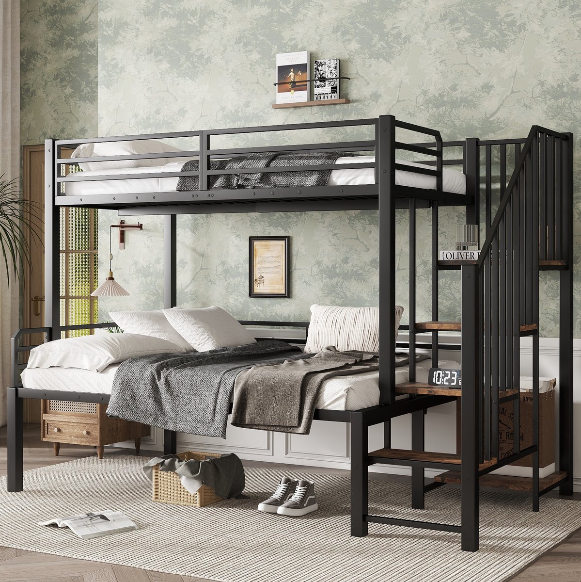 WUVRIE Stapelbed 90x200 en 120x200 cm met hoektrap, opbergruimte en veiligheidshekken, zwart/vintage houtkleur