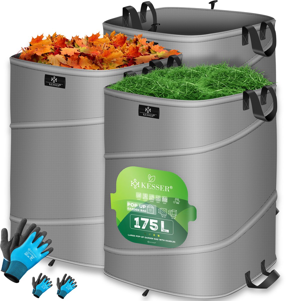 KESSER® Pop-up tuinzak set van 3 x 175 liter - Zelfstaand en opvouwbaar - Met handschoenen - Grijs/zwart