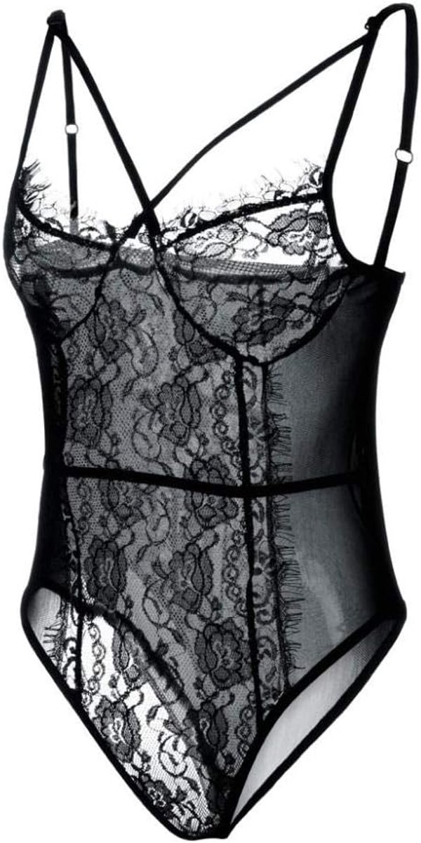 Hollow Out Lace Bodysuit Dames Sexy Eendelige Lingerie Dames Ondergoed Transparant Kant set-Black_XXL