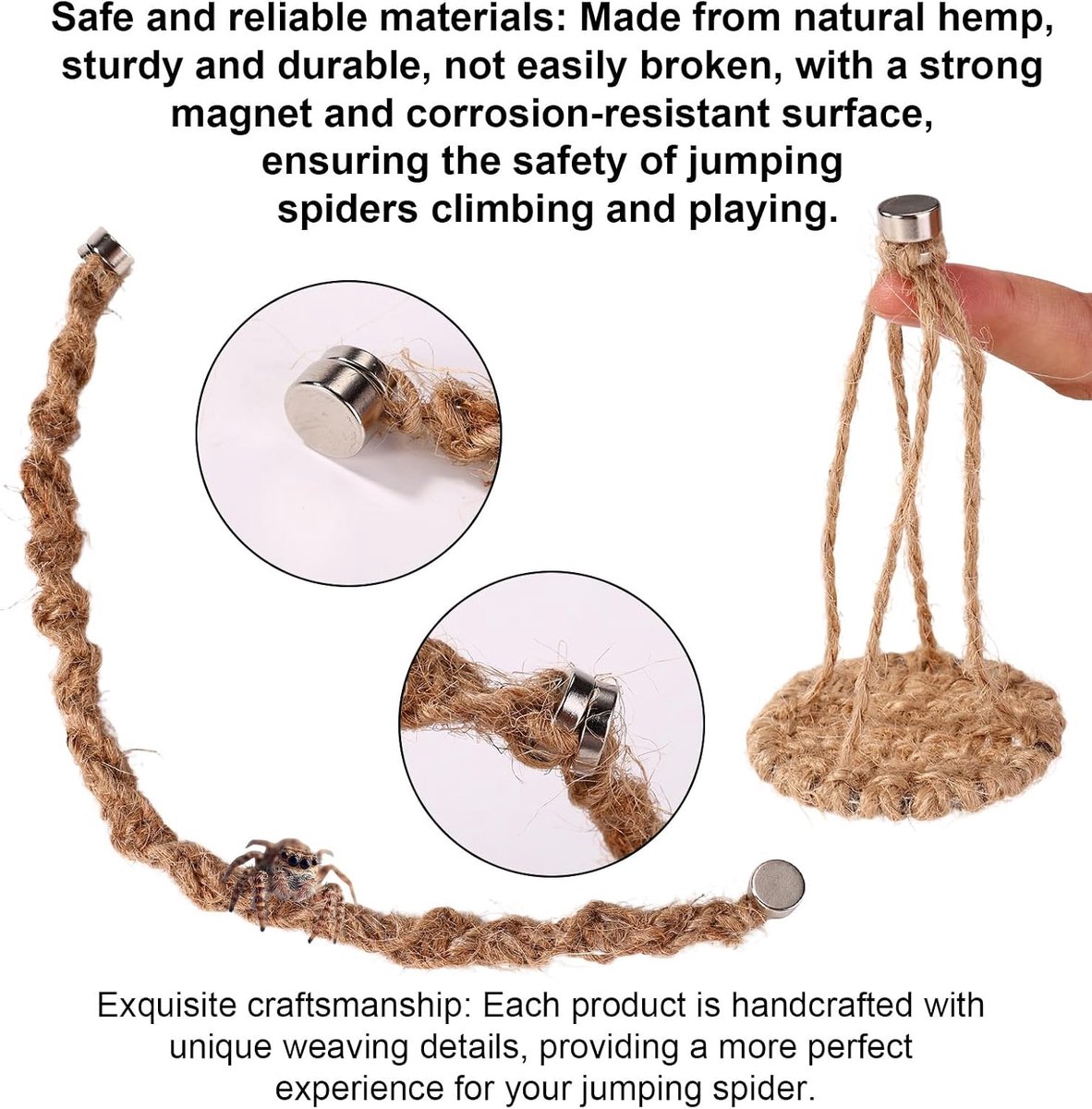 Set van 3 Magnetische Accessoires voor Spinnenhabitats, Handgemaakte Schommels van Natuurlijk Henneptouw Nest voor Springspinnen en Decoraties Kleine Dierenverblijven