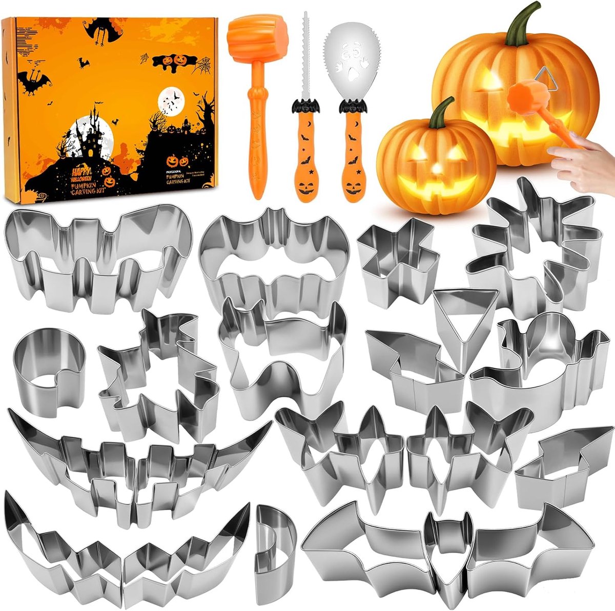 24 stuks Halloween pompoen-snijset met sjablonen roestvrij staal DIY snijgereedschap pompoen inclusief rubberen hamer pompoen snijset voor kinderen, volwassenen en familie