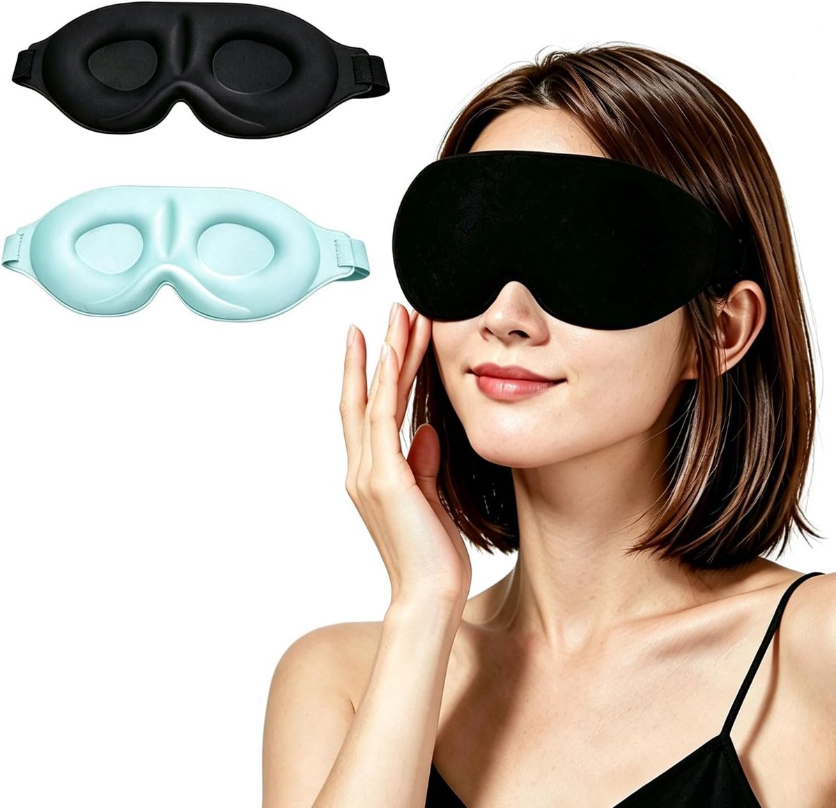 Slaapmasker voor zijslapers, 100% lichtblokkerende 3D-slaapbril voor dames en heren, met zachte en comfortabele pasvorm en verstelbare band, ideaal voor reizen en vliegtuig, zwart + blauw