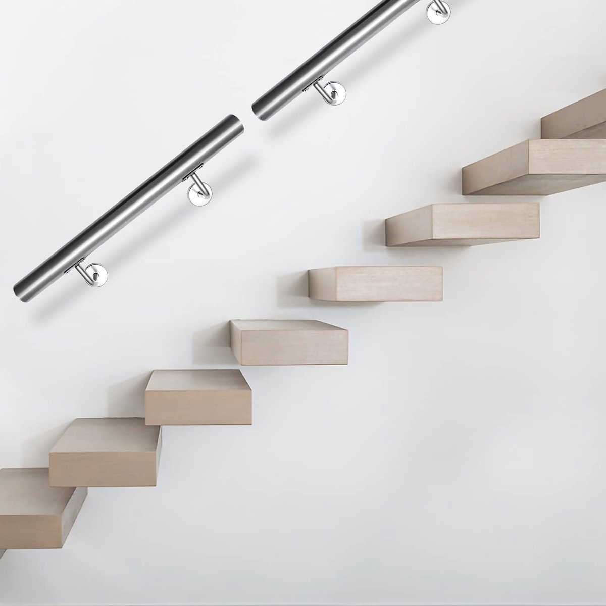 Stalen trapleuning, trapleuning, wandleuning, voor binnen en buiten, stang incl. wandhouder en eindkappen, Ø 42 mm, lengte: 160 cm