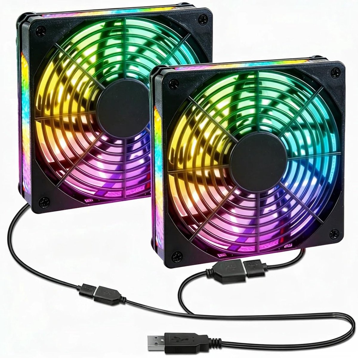 2 x USB-ventilator, 120 mm, 5 V, met kleurrijke led, dubbele pc-behuizingsventilator, USB-ventilator, stille ventilator voor computer, radiator, router, PS5, tv-box, 2-in-1 mini-pc-ventilator