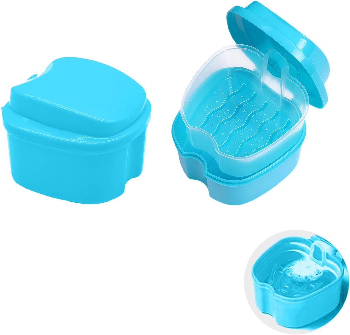 Opbergdoos voor tandprothesen, 2 stuks, doos met filter voor het reinigen van tanden, orthodontie, opvouwbare tandenborstel en mondaccessoires (lichtblauw 9,5 x 9,3 x 6,8 cm)