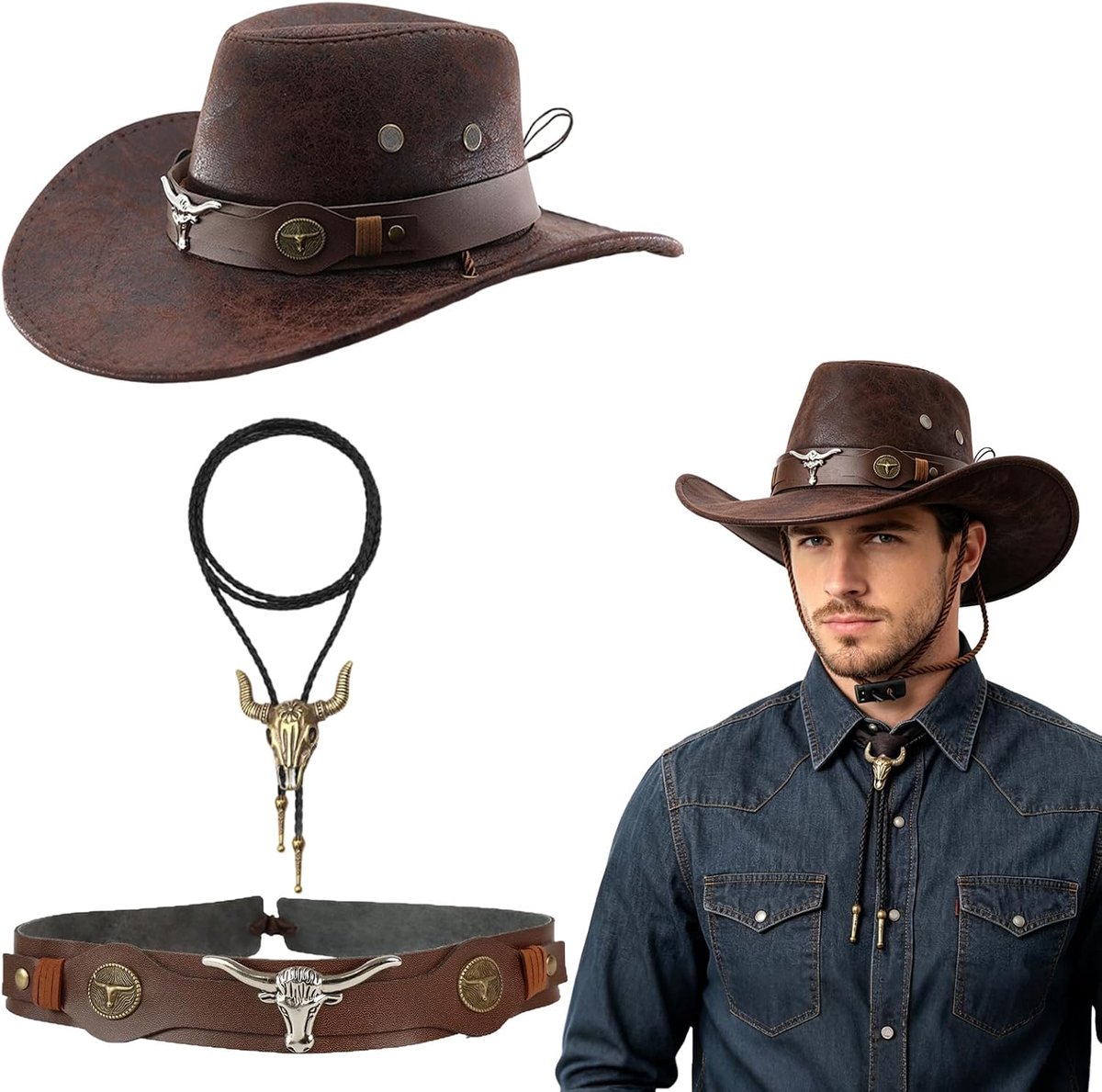 Cowboyhoed Set met Stierenkop Hanger Ketting en Hoedband,Western Kostuum voor Volwassenen | Westerse Feesten, Rodeo, Halloween en Carnaval