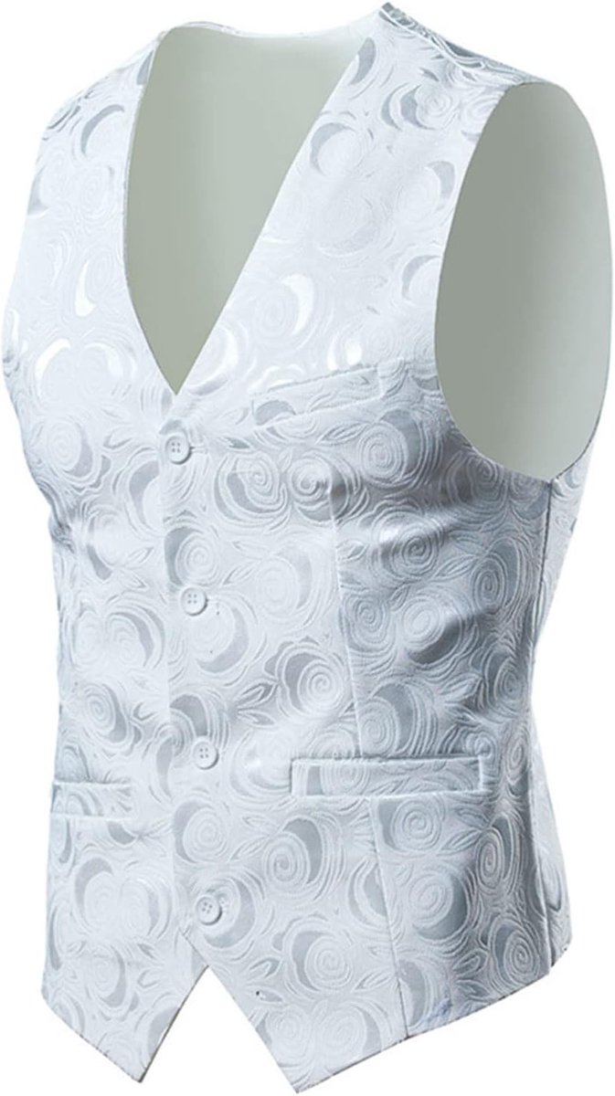 Herenkostuum, vest met V-hals, slim fit, bloemenpatroon, kostuum, maat, lichte jas, voor bruiloft, bal, zakelijk kostuum (wit, XXL)