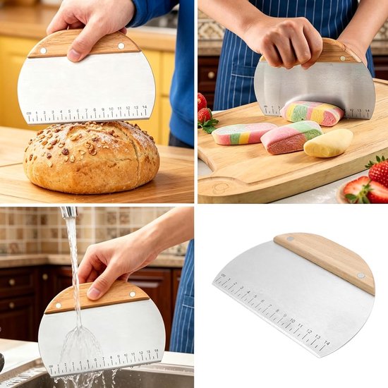 3 stuks deegschrapers van roestvrij staal, deegsnijder met maatschaal, antiaanbaklaag, roestvrij staal, snijden voor taarten, brood, cake, pizza, taart, deegbakgerei — afbeelding 3