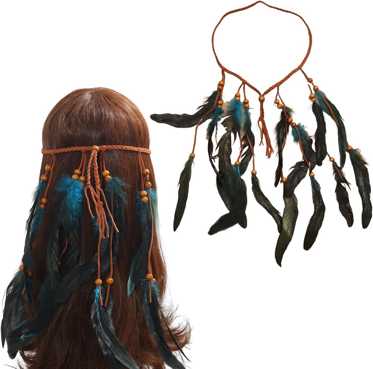 Haarband met veren, Boheemse stijl, Indiase hoofddeksel, hippie-accessoire voor dames, tribal, Indiase jurk met veren, voor feestjes en festivals, carnaval, kostuumfeesten