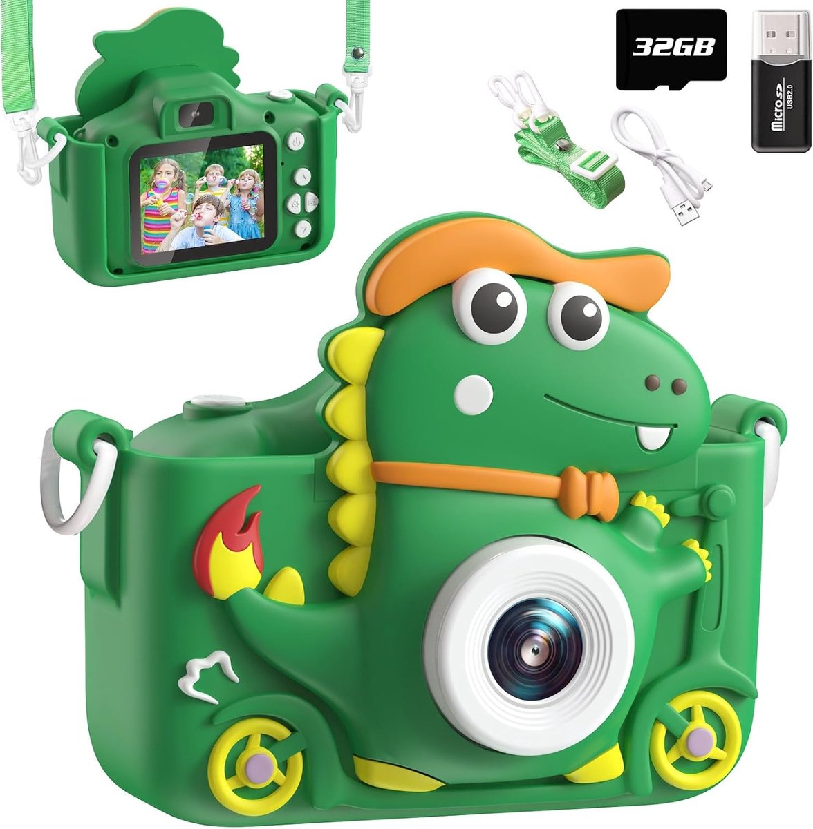 Dinosaurus, 2 inch display, 1080p, digitale selfiecamera voor kinderen met 32 GB, fotocamera voor kinderen van 3 tot 12 jaar, jongens en meisjes, cadeau, speelgoed (groen)