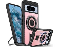 Hoesje met standaard voor de Google Pixel 8 Pro. (360° draaibare ring en kiscstand). Robuuste bescherming, schokbestendig telefoonhoesje voor Pixel 8Pro, roze