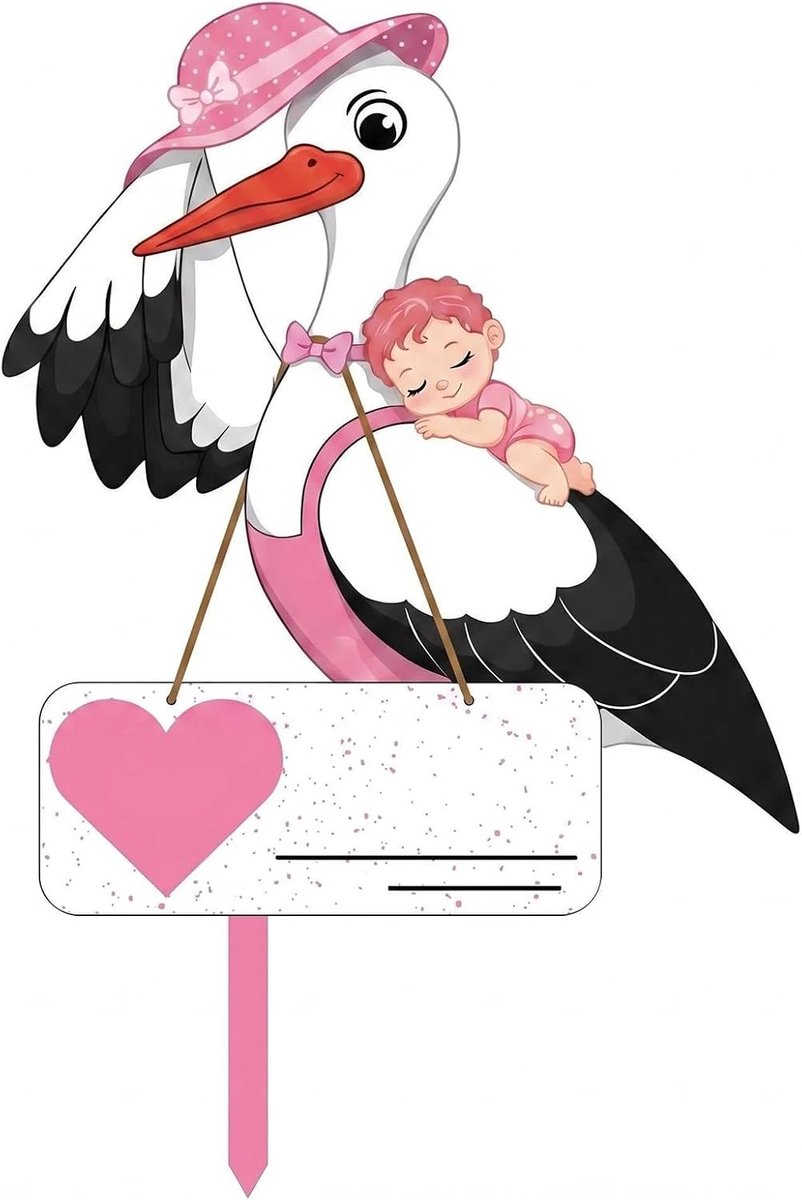 Ooievaarsset voor de geboorte van een baby, 81 cm houten ooievaar voor buiten, Welkom thuis babydecoratie, inclusief houten stok, naamplaatje en wenskaart (roze)