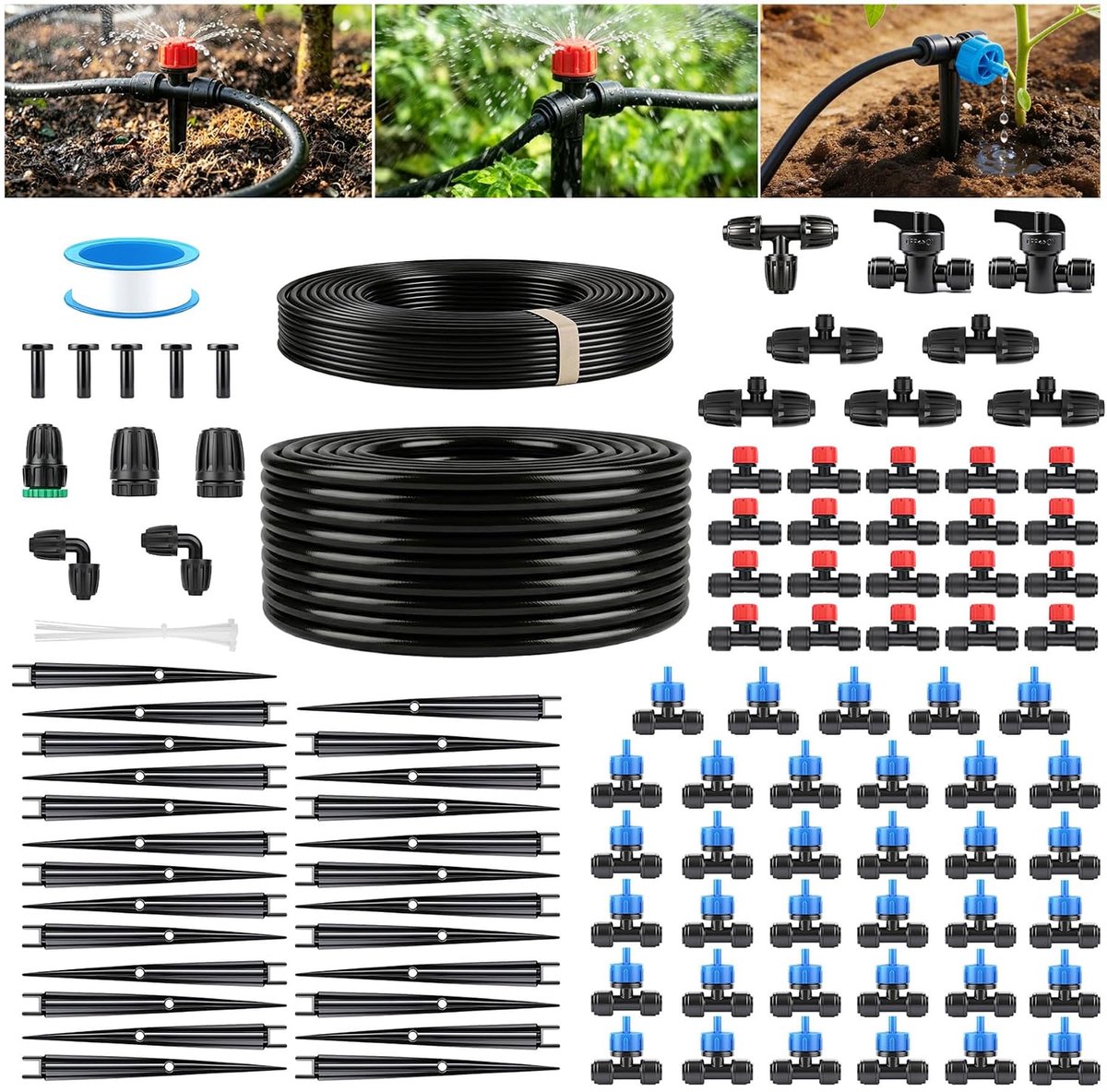 Druppelirrigatieset, waterbesparende irrigatieset met 101 accessoires, starterset direct klaar voor gebruik, voor landschap, balkon, bloempot