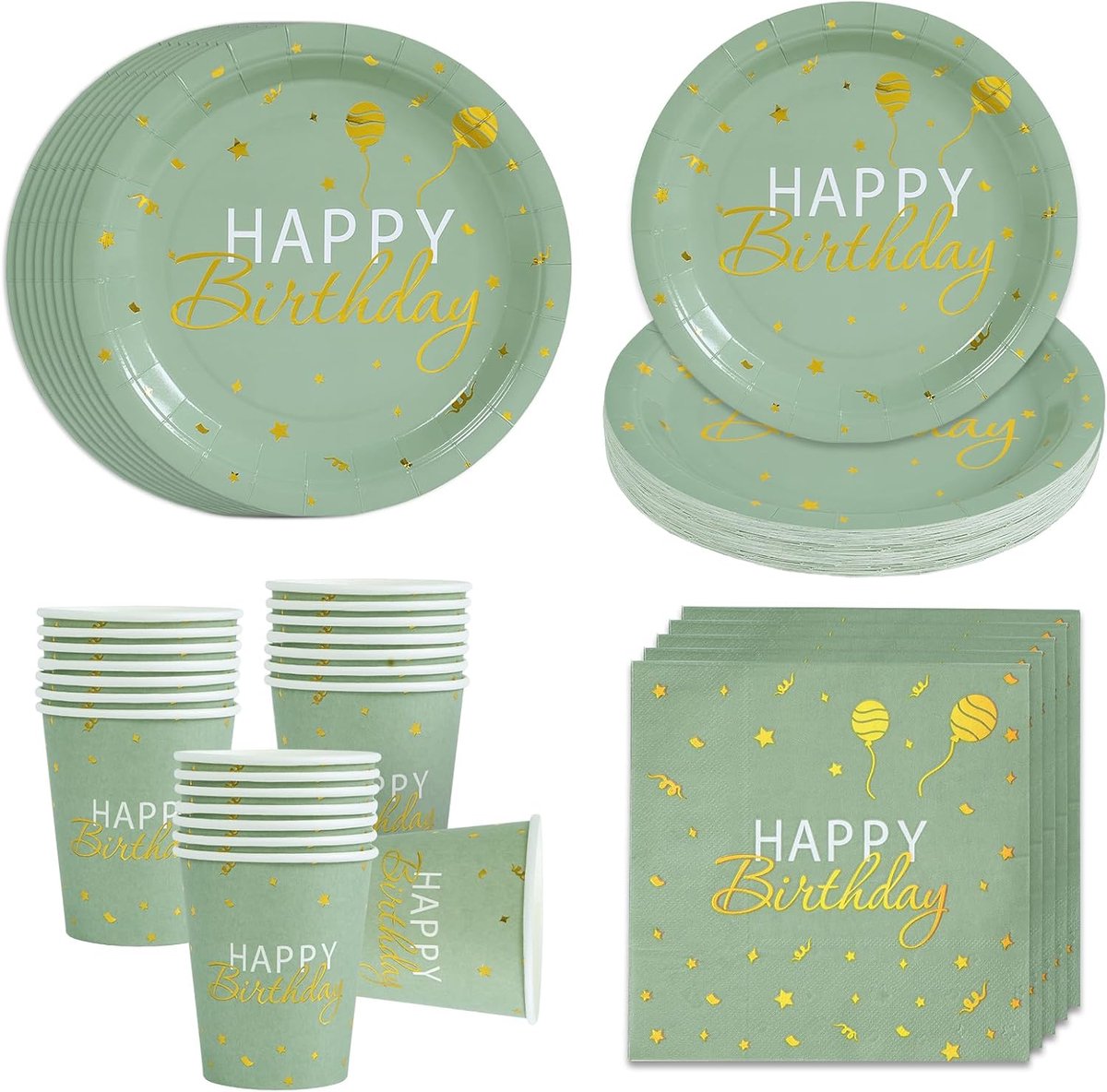 Wegwerpservies voor verjaardag, 96-delig, wegwerpserviesset, saliegroen, verjaardag, herbruikbaar, borden, kopjes, servetten, voor Happy Birthday, decoratie, verjaardag, jongens, meisjes, feest (24