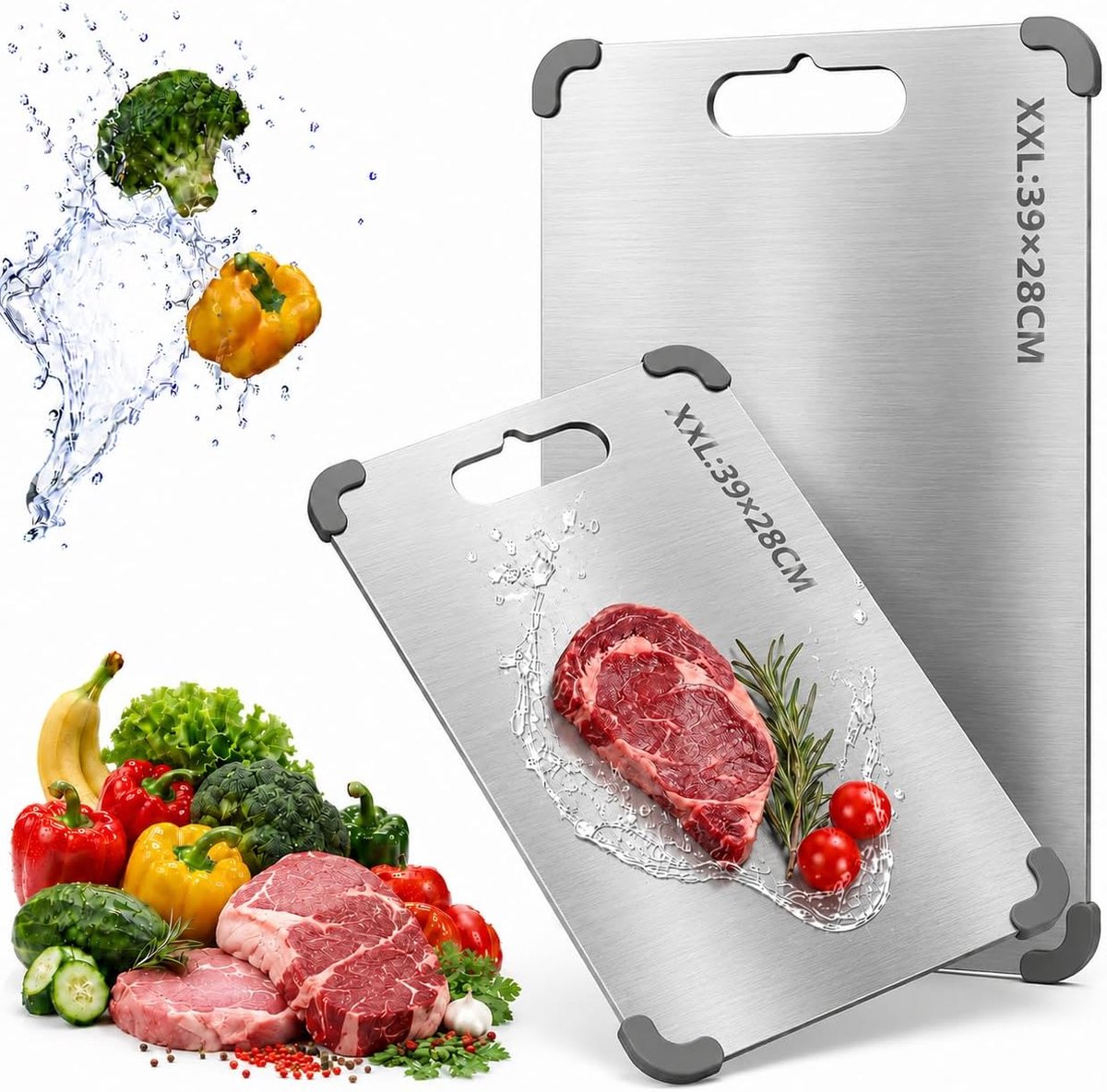 Roestvrij staal, groot, 39 × 28 cm - 1,5 mm extra dik, antislip met siliconen rand, snijplank voor messen, antibacterieel, titanium snijplank XXL
