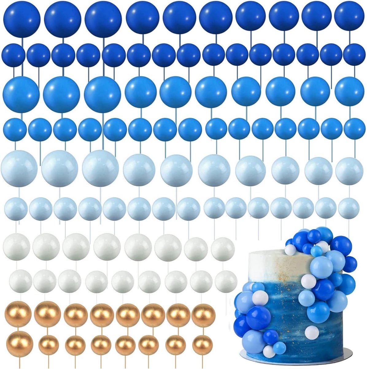 108 stuks taartdecoraties, ballen, taarttoppers, toppers, schuimballen, taartdecoraties voor verjaardag, bruiloft, feest, babyshower, Valentijnsdag (blauw/wit/goud)