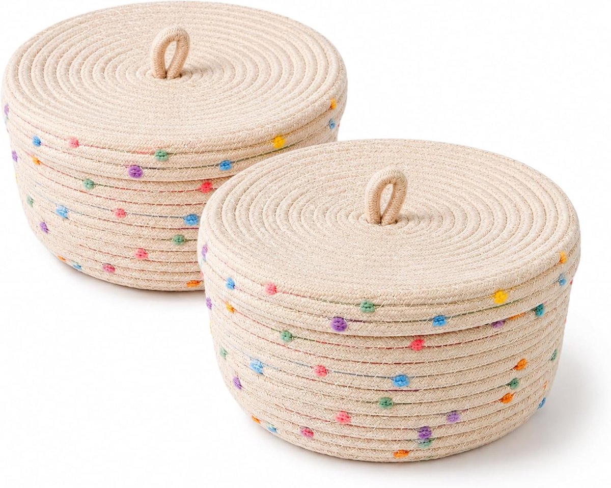 2 x opbergmand van katoen met deksel, ronde opbergmand van katoenen touw met deksel, gevlochten mand van katoen, voor speelgoed, snacks, handdoeken