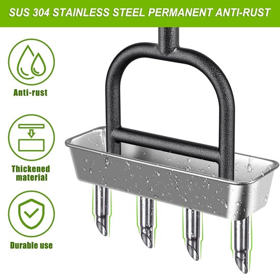 Gazonkern beluchter, holle tand gras beluchting tool lange steel handmatige tuin grond plugger 4 Prong Heavy Duty Coring Beluchting Spike Zachte grip met kern opslag lade & klei release tool — afbeelding 2