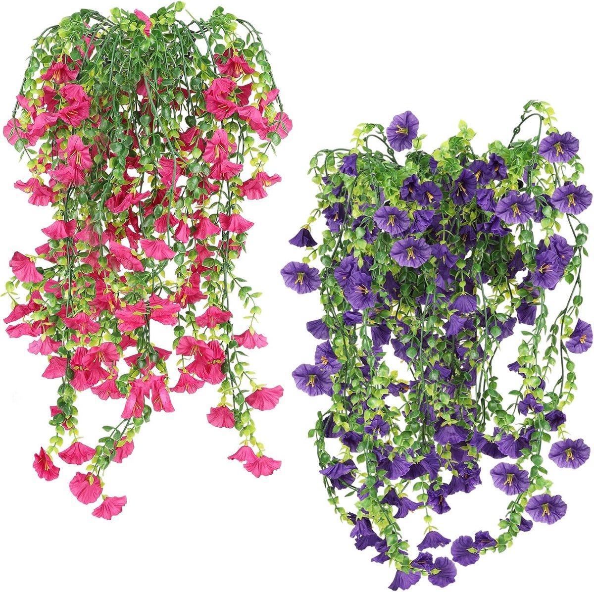 Kunstbloemen, hangende prunkwinds, kunstbloemen als echt, petunia's hangend voor balkon, tuin, binnen en buiten, decoratie (paars en magenta)