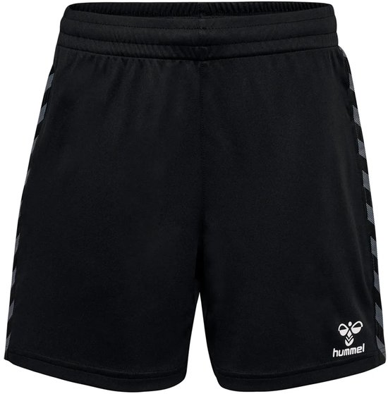 Zwarte sportshort met grijze chevrons aan de zijkanten en wit hummel-logo op de pijp.