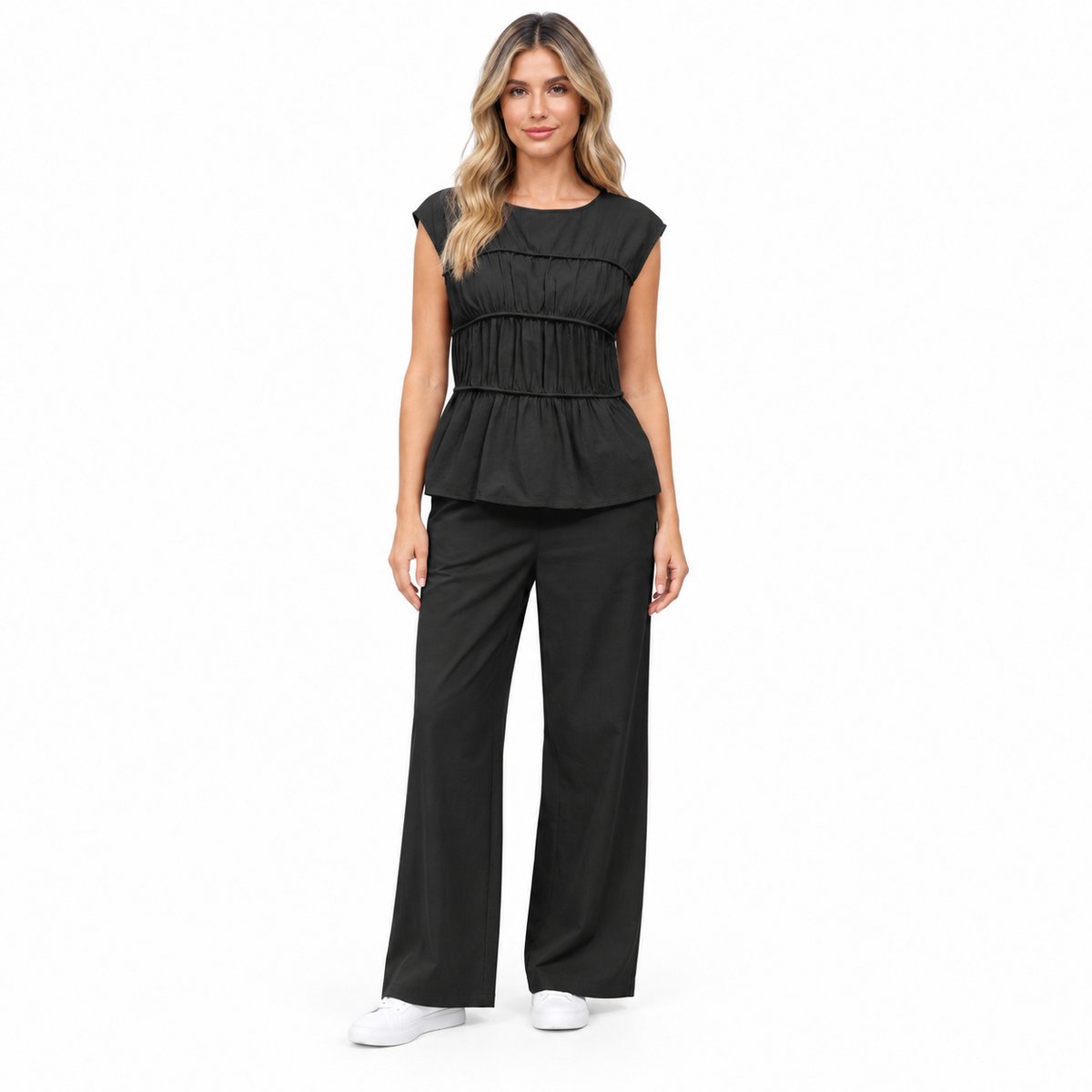 Imily Bela Dames Peplum Top met Ronde Hals en Korte Mouwen