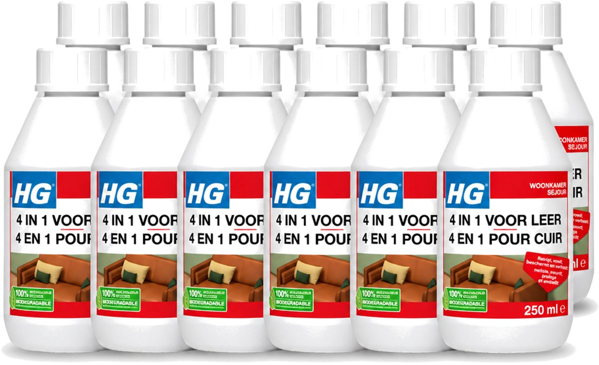 12 x HG - 4 In 1 Voor Leer - Beschermt, Voedt, Verfraait & Reinigt - 250 ml - Voordeelverpakking - 12 stuks