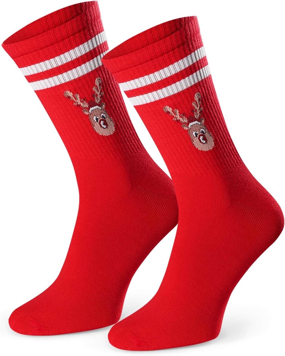 Grappige Sokken - Rood/witte strepen/rendieren - 35-37 - Katoenen en Comfortabele Sokken - Voor Unisex