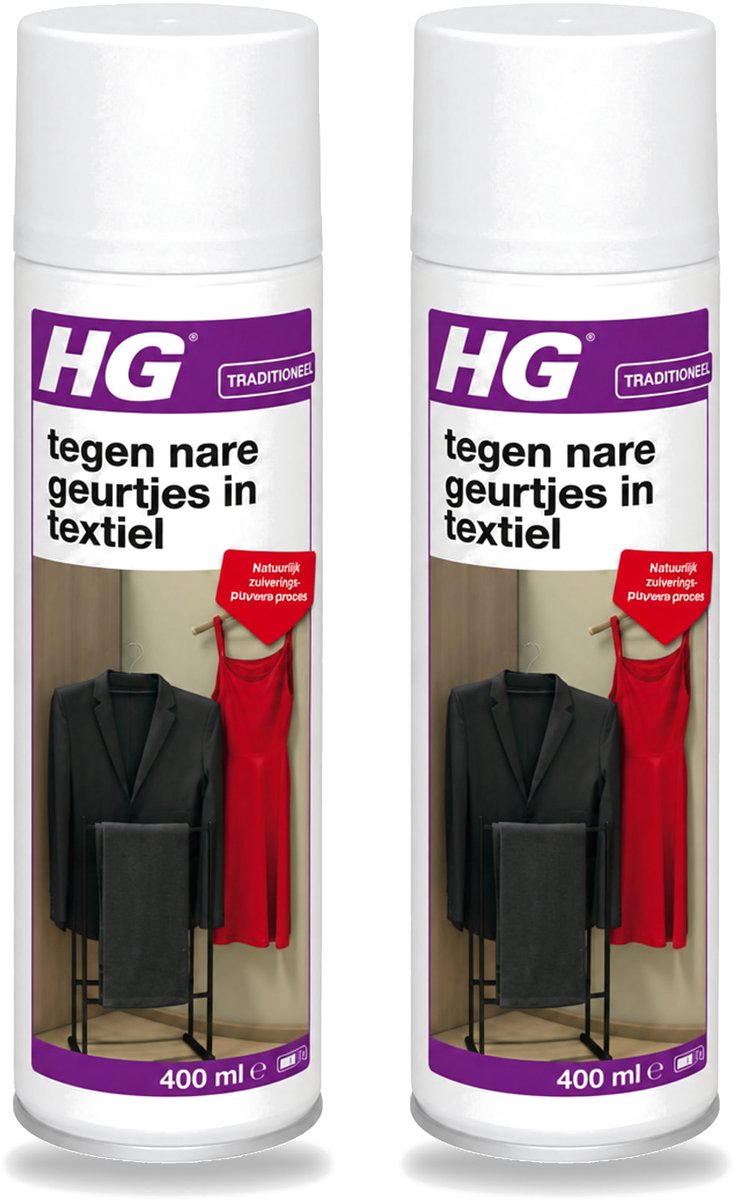 2 x HG - Tegen Nare Geurtjes In Textiel - Natuurlijk Zuiveringsproces - Veilig Voor Alle Textiel - 400 ml - Voordeelverpakking - 2 stuks