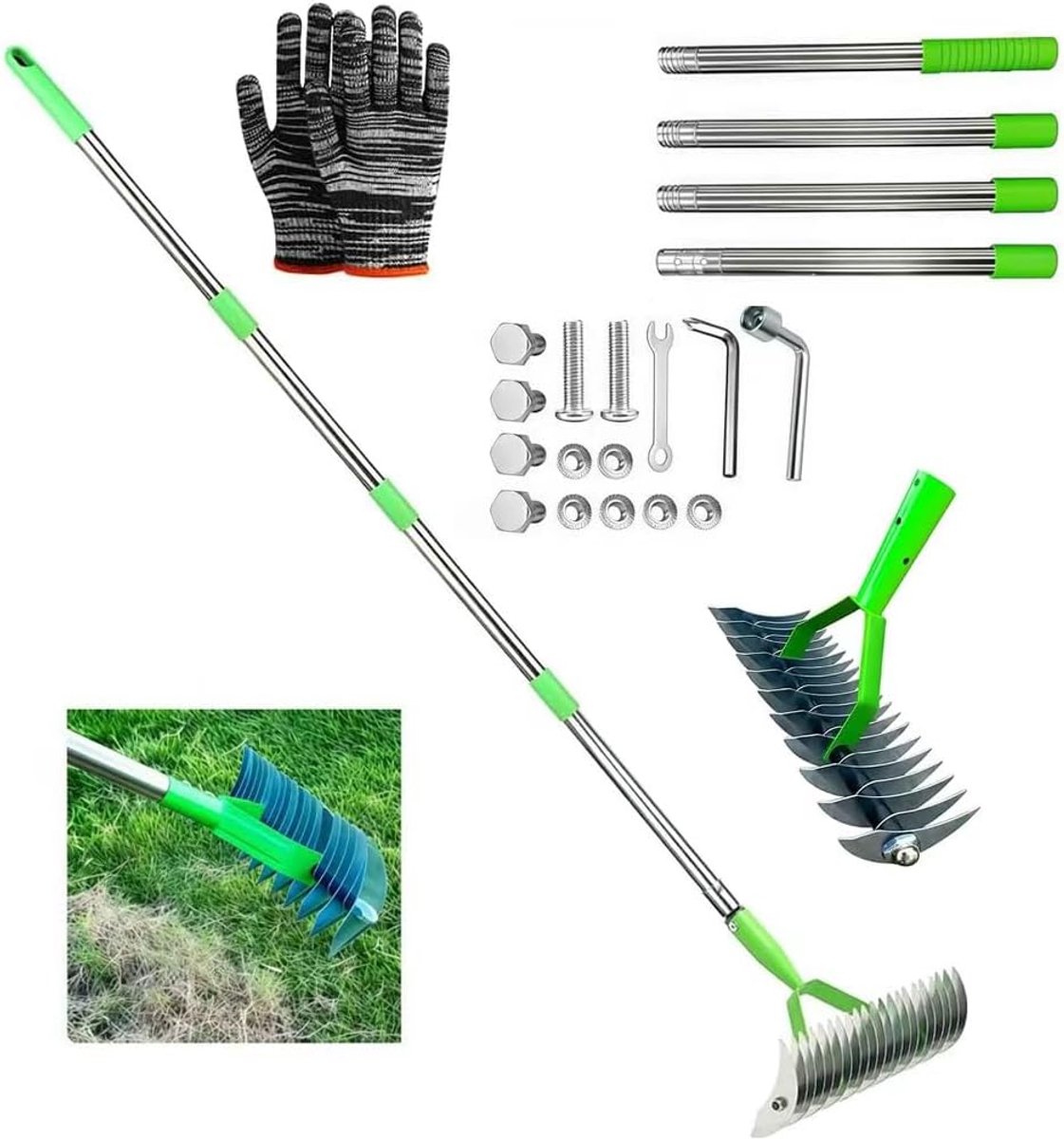 Hark met steel, 160 cm, snijhark voor in de tuin, moshark, verticuteerhark, verstelbare handverticuteerder, vloerhark voor het reinigen van dood gras, voor tuin, binnenplaats, gazon