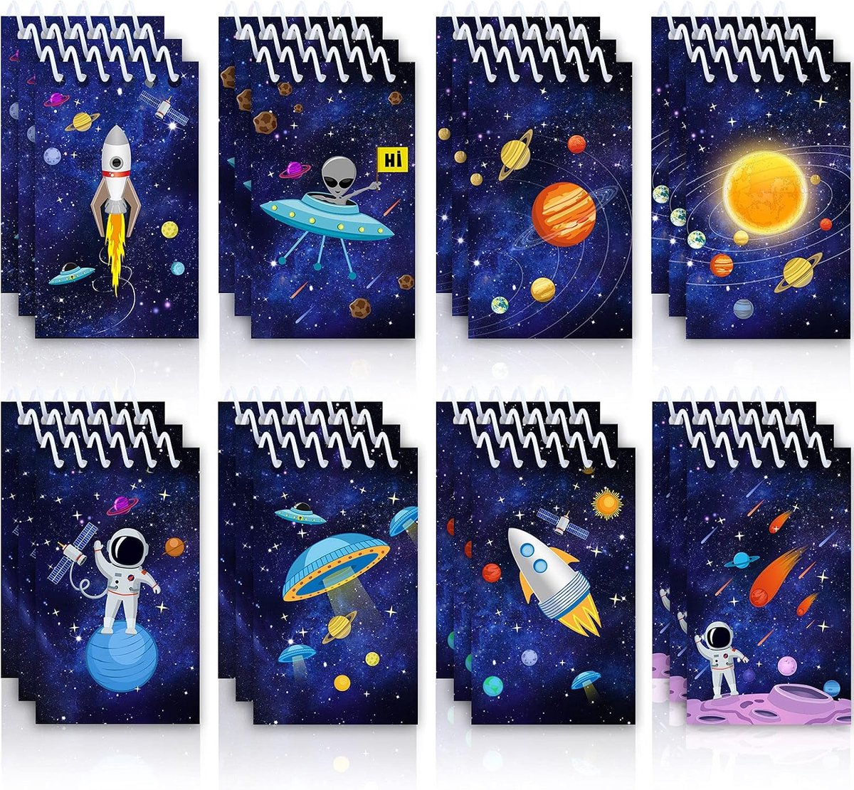 24 mini-notitieblokken, sterrenstelsel, ruimteraket, astronaut