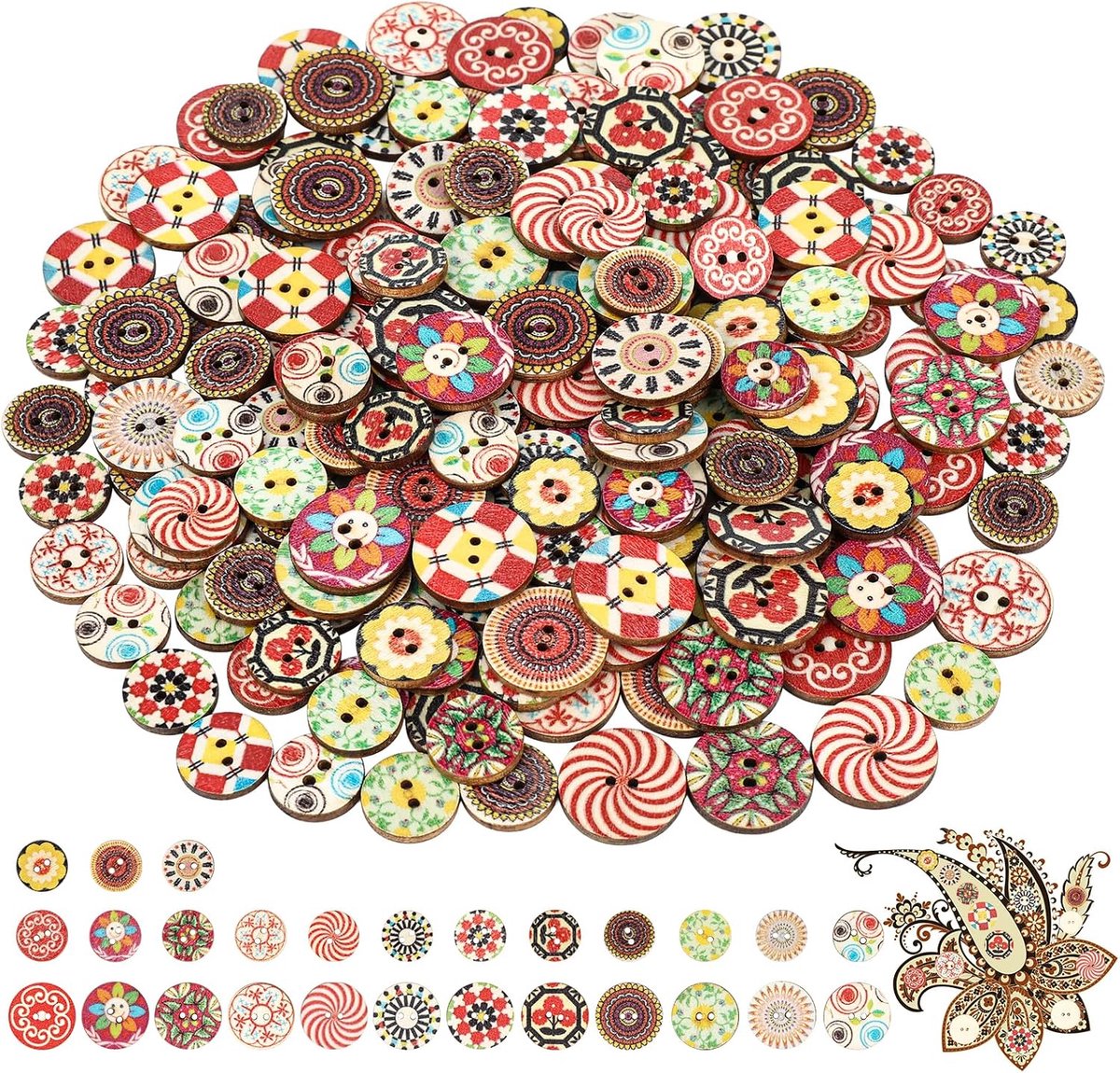 Knopen, vintage knopen, houten knopen om te knutselen, naaien, knopen, bloemen, schilderij, geometrisch patroon, met 2 gaten voor naaien, doe-het-zelf knutselen, handwerk