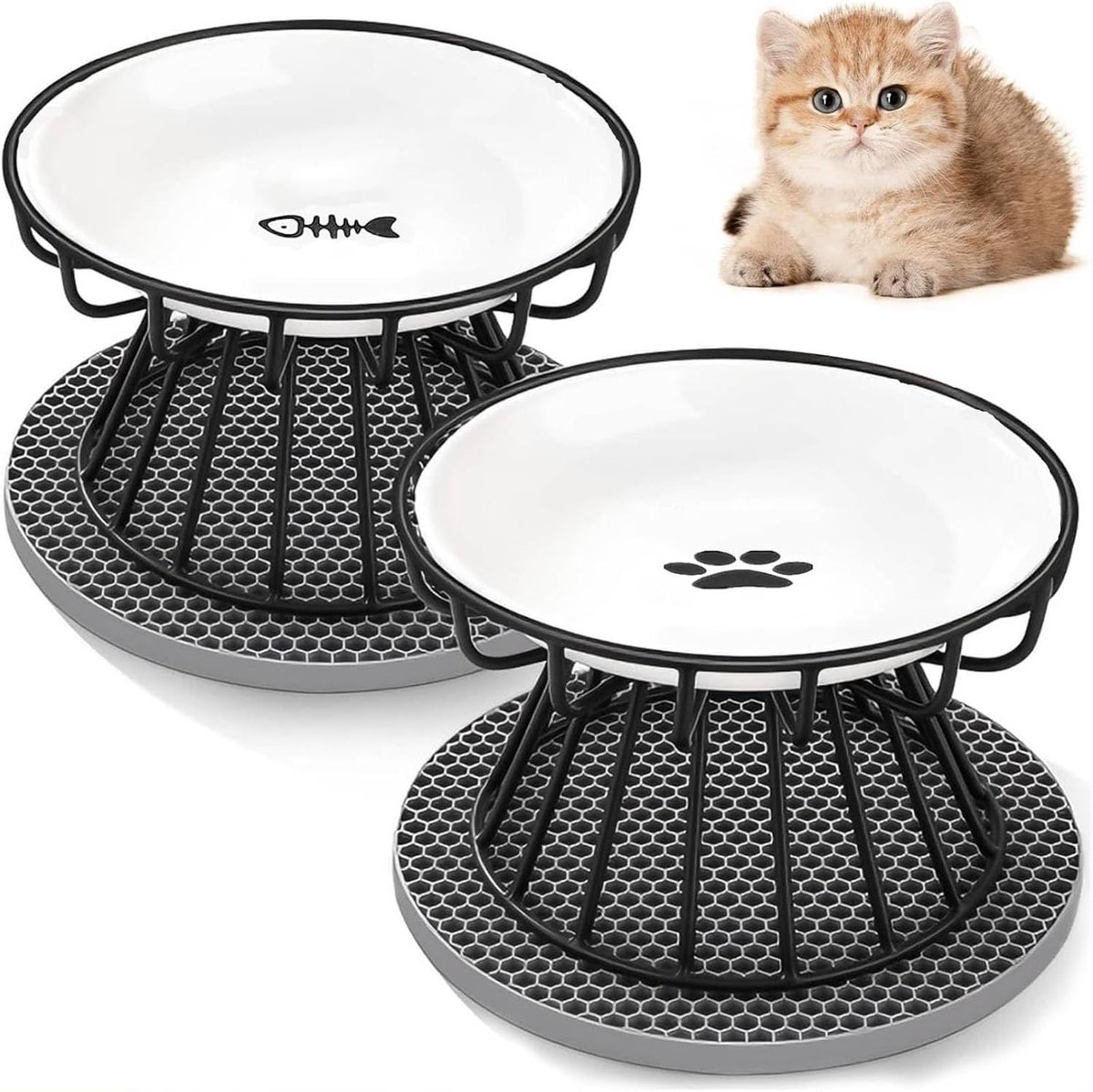 Voerbak voor katten, 2 keramische kattenvoerbakken met siliconen mat en metalen standaard, voederset voor huisdieren, helpt bij het verlichten van de nek