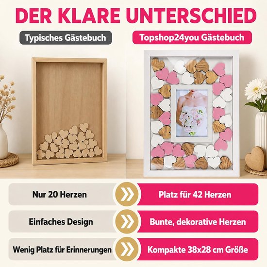 Gastenboek bruiloft in fotolijst met 72 houten harten om te beschrijven - bruiloftsgastenboek, MDF houten lijst wit, 43 x 31 cm (harten bont) — afbeelding 4