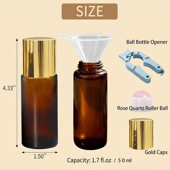 Roze Kwarts Roller Ball Flessen voor Essentiële Oliën, 2-pack 50ml Lege Navulbare Amberkleurige Glazen Roll-on Flessen met Kristal Rollerball voor Castor Olie, Uitgerust met een Trechter en Bal — afbeelding 4