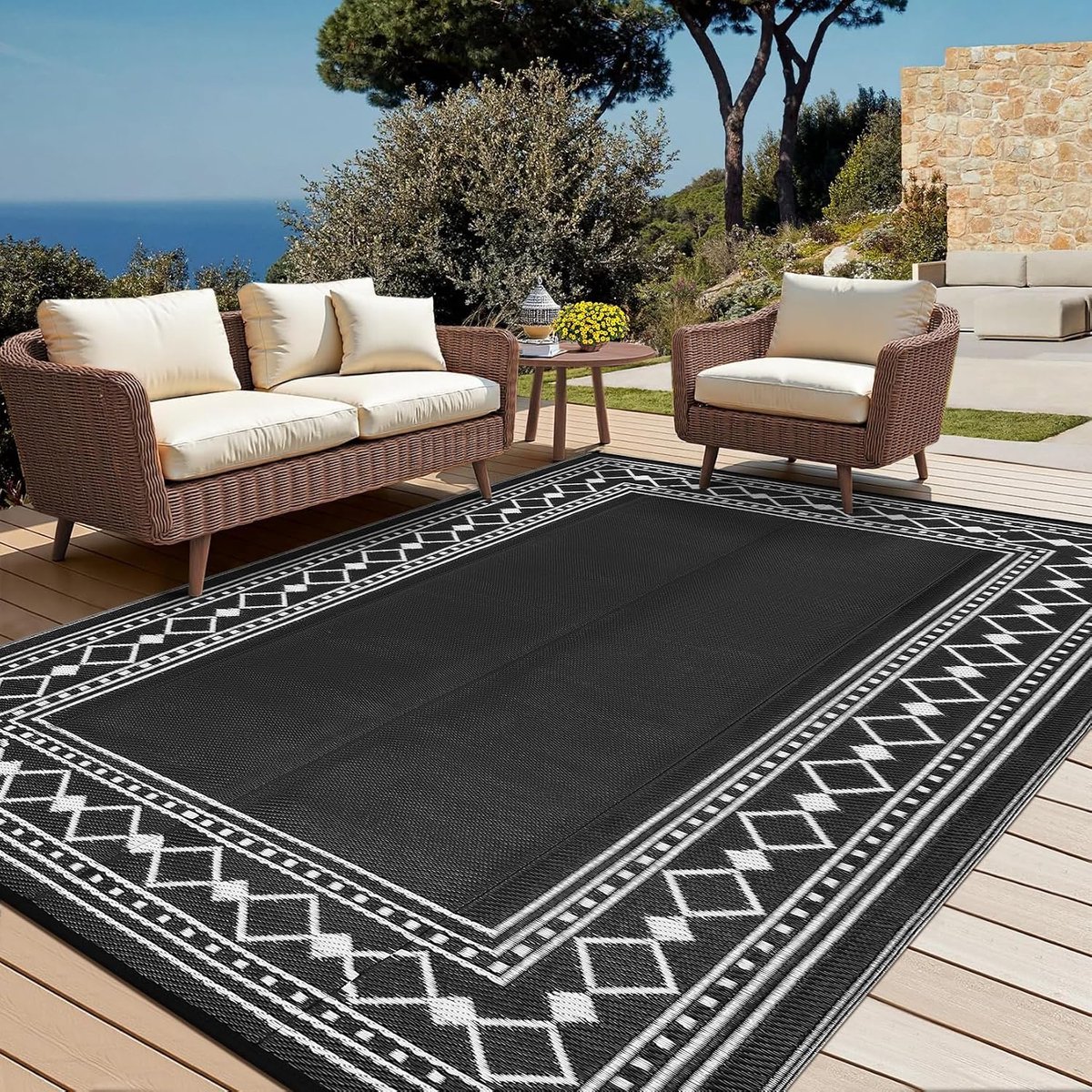 6 x 9 cm, waterdicht, omkeerbaar plastic strotapijt voor terras, modern geometrisch buitentapijt, wasbare duurzame campermat voor veranda, tuin, balkon, strand, zwart
