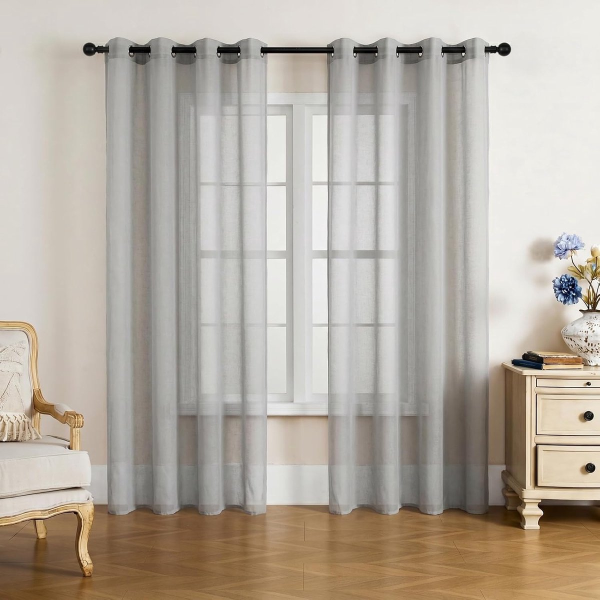 Semi-transparante vitrage met ringen, 2 stuks, 140 x 160 cm